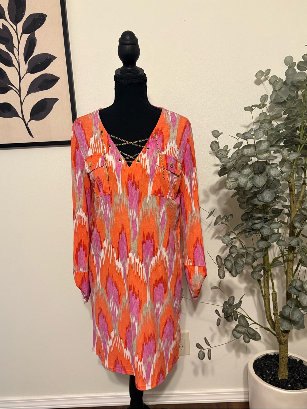 Michael Kors Pink and Orange Ikat Pattern Dress